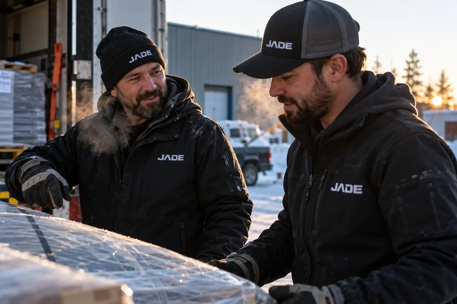 Deux travailleurs en tuque et casquette brodées, dehors en hiver