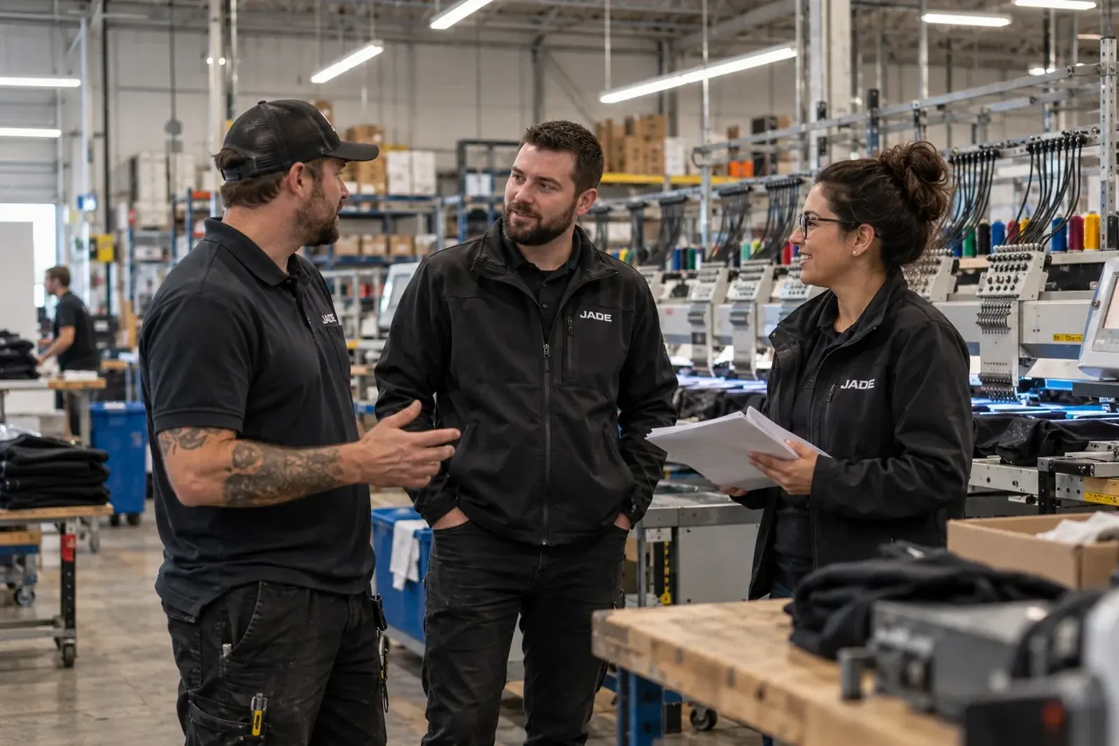 Trois employés en vêtements JADE devant les machines à broder
