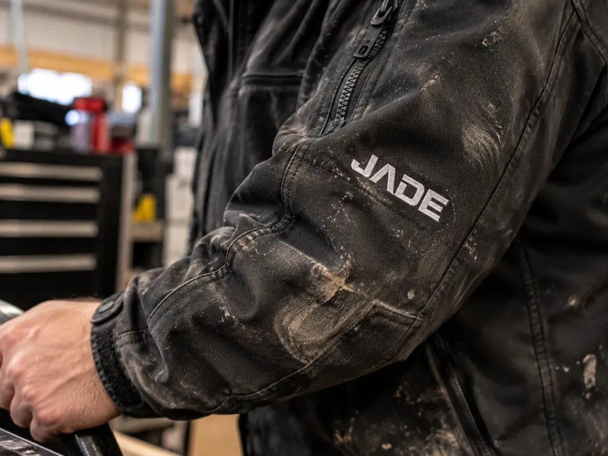 Manche d'une veste de travail usée, logo JADE brodé encore net