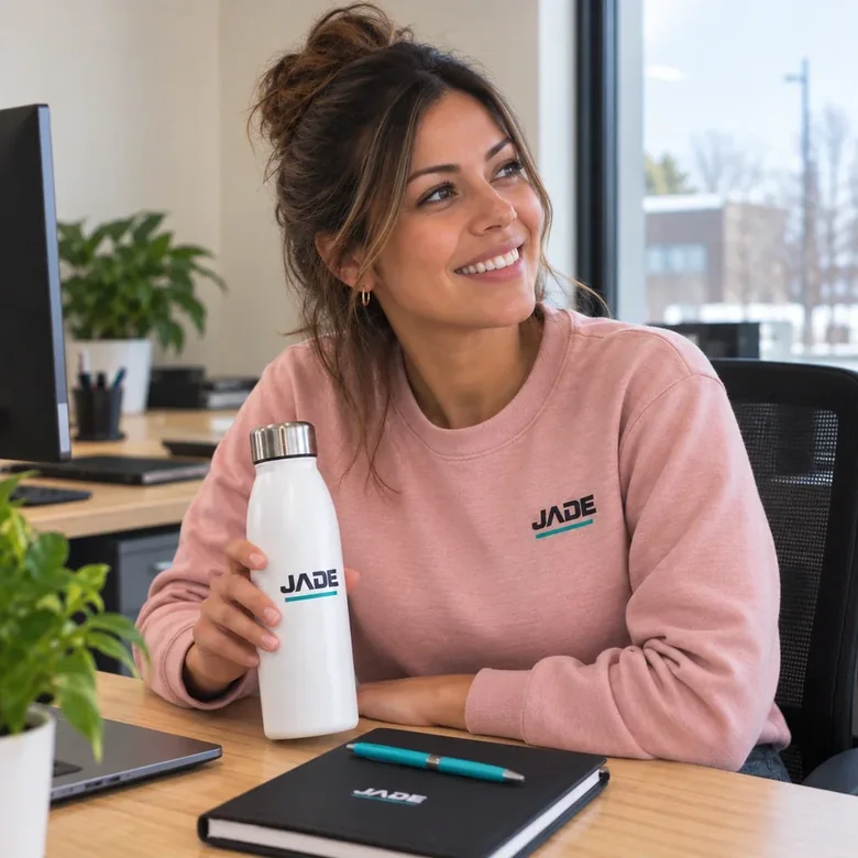 Employée de bureau en chandail brodé avec une bouteille JADE