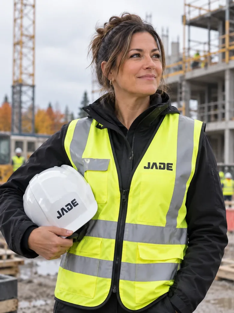 Superviseure de chantier en veste haute visibilité JADE sur un chantier