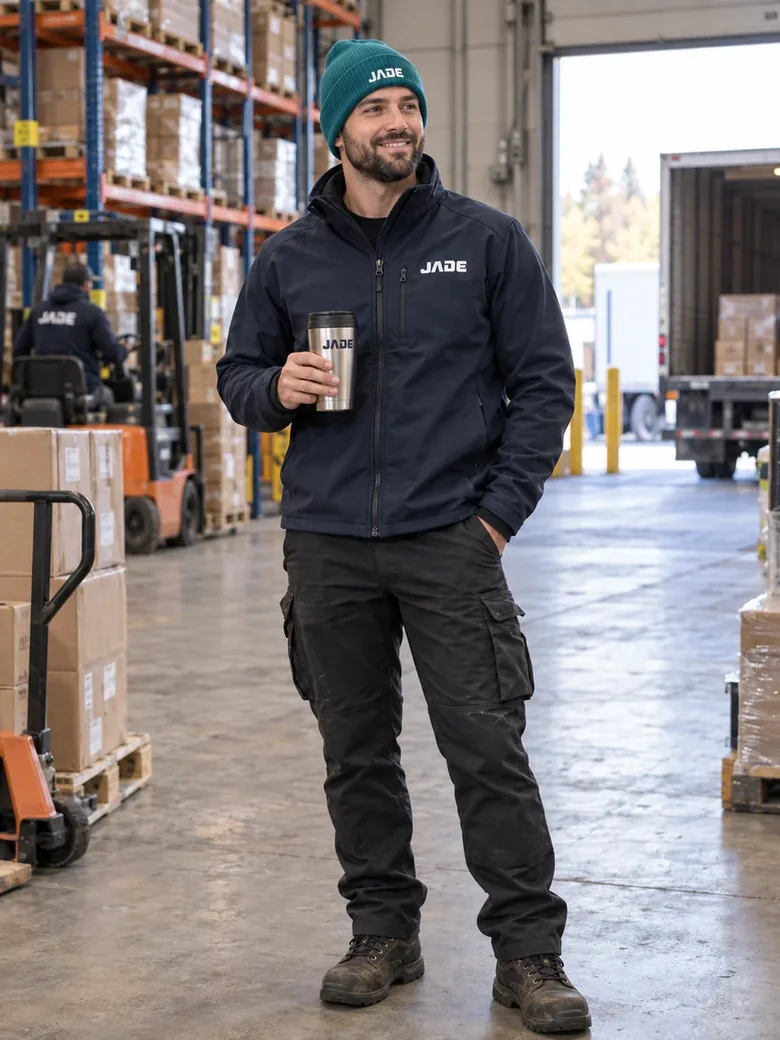 Chef d'équipe en veste softshell brodée dans un entrepôt