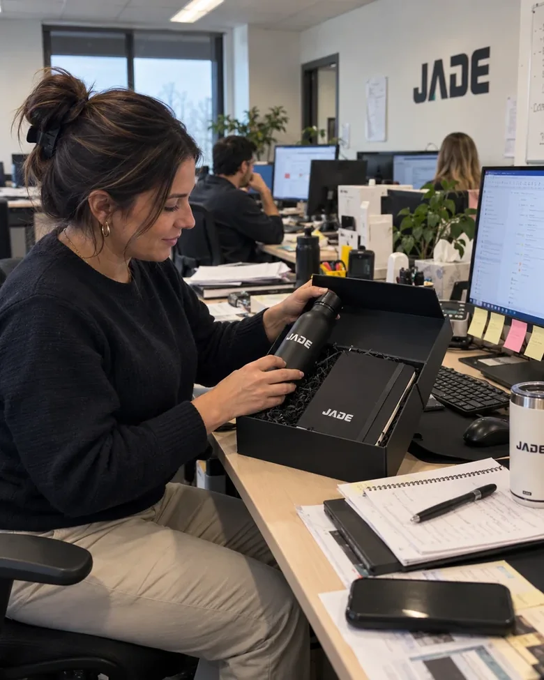 Employée recevant une boîte cadeau Merci pour tout devant ses collègues