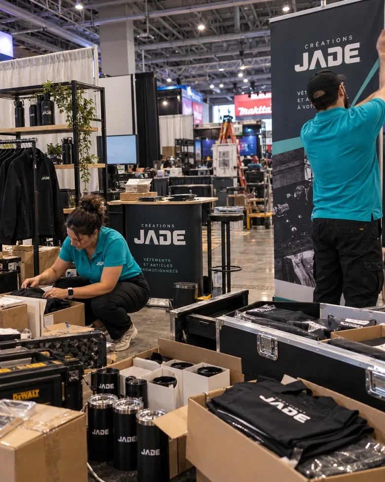 Coordonnatrice marketing remettant un sac promotionnel JADE dans un salon professionnel