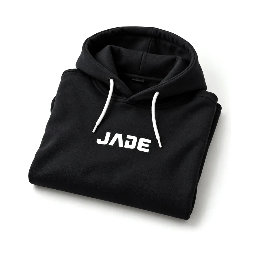 Coton ouaté à capuchon noir plié, logo JADE imprimé en blanc