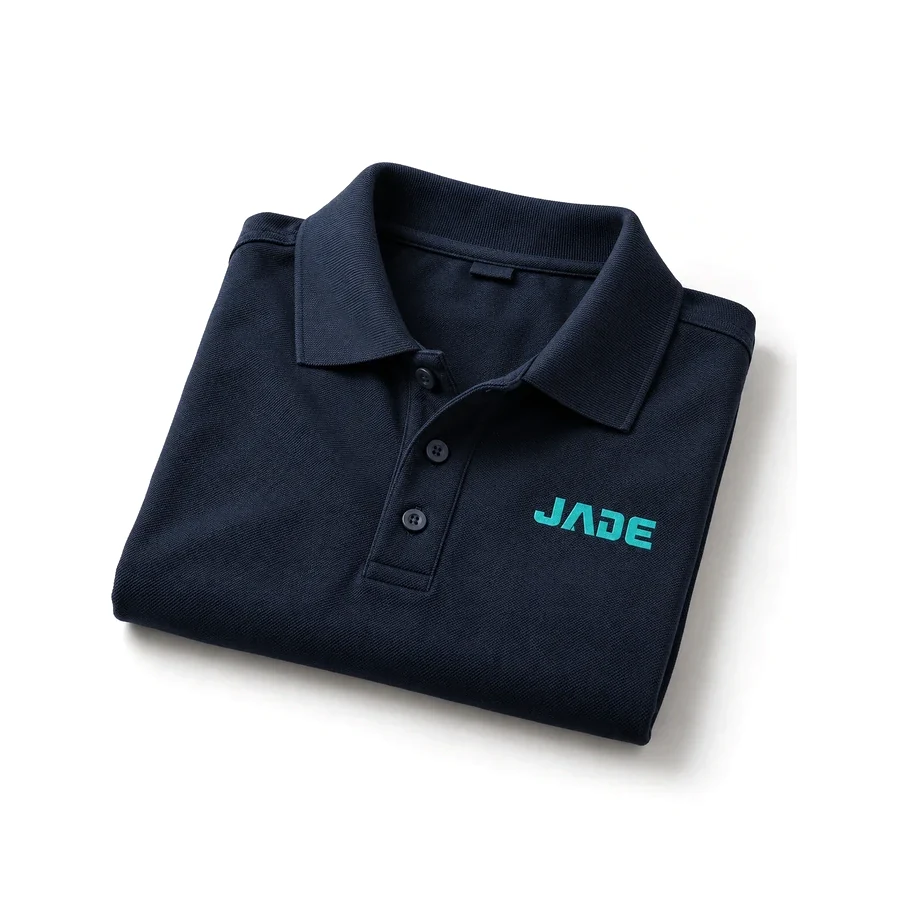 Polo piqué marine plié, logo JADE brodé en turquoise