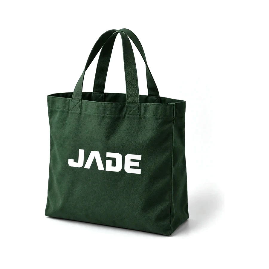 Sac fourre-tout en coton vert forêt, logo JADE sérigraphié en blanc