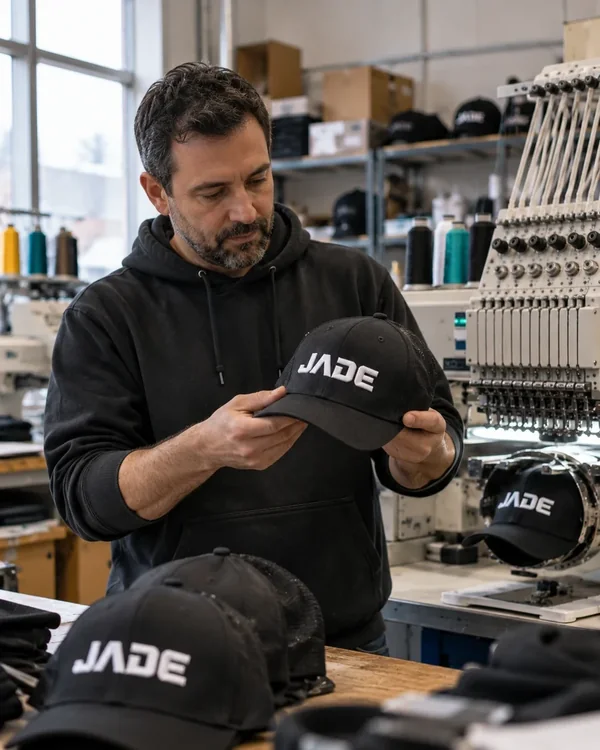 Technicien inspectant une casquette brodée en 3D à la sortie de la machine
