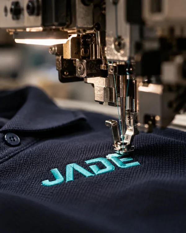 Aiguille de la brodeuse posant le logo JADE turquoise sur un polo marine