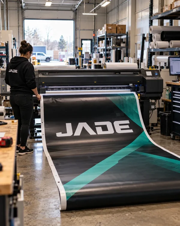 Traceur grand format imprimant une bannière Créations Jade
