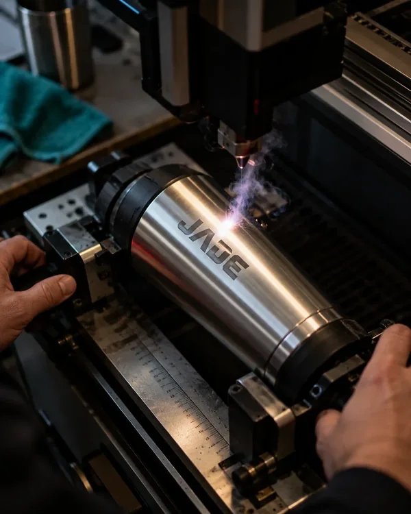 Gravure au laser du logo sur une tasse de voyage en acier